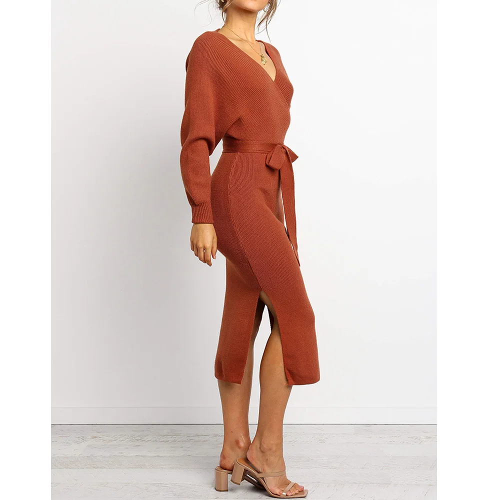 Женское вязаное платье с V образным вырезом однотонное на шнуровке длинным