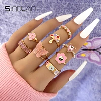 sindlan 8pcs y2k punk butterfly pink crystal rings for women aesthetic kpop heart flower female cute 2021 trendy jewelry anillos