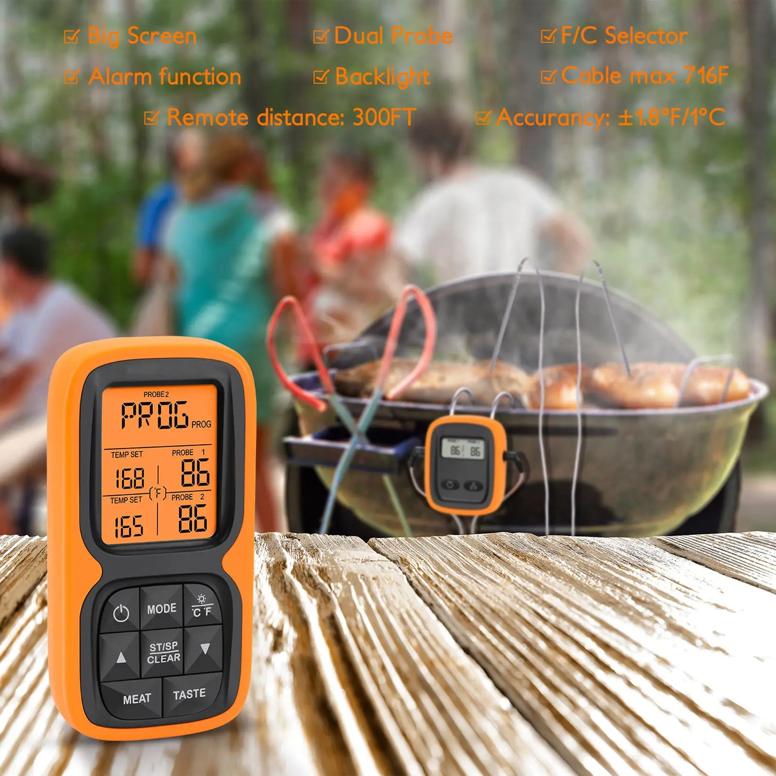 

Термометр для барбекю с щупом, кухонный прибор для измерения температуры пищи, с двойным зондом, дистанционное управление 300 футов, беспрово...