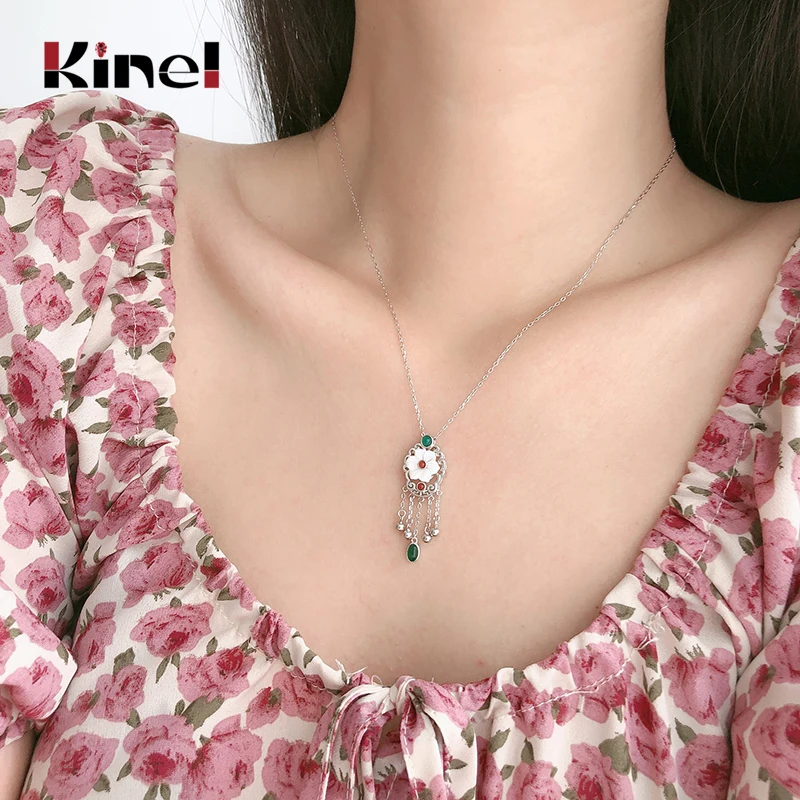 

Kinel Authentic 925 Sterling Silver Shell Flower Tassel Pendant Necklace Vintage Classic Necklaces for Women Statement Jewelry