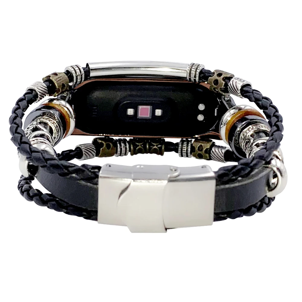 

2021 Retro Strap For Mi Band 3 4 5 6 WristBand Strap Watch Leather Strap Replacement Beading Bracelet Ремеок На Mi Band3 4 5 6