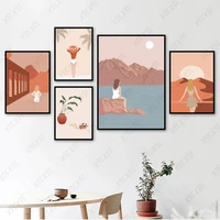 modern abstract nordic landscape poster girl sunrise plant canvas painting wallpaper art print picture bedroom decoration