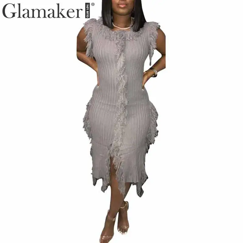 Glamaker/красное платье без рукавов с кисточками в стиле пэчворк женское длинное