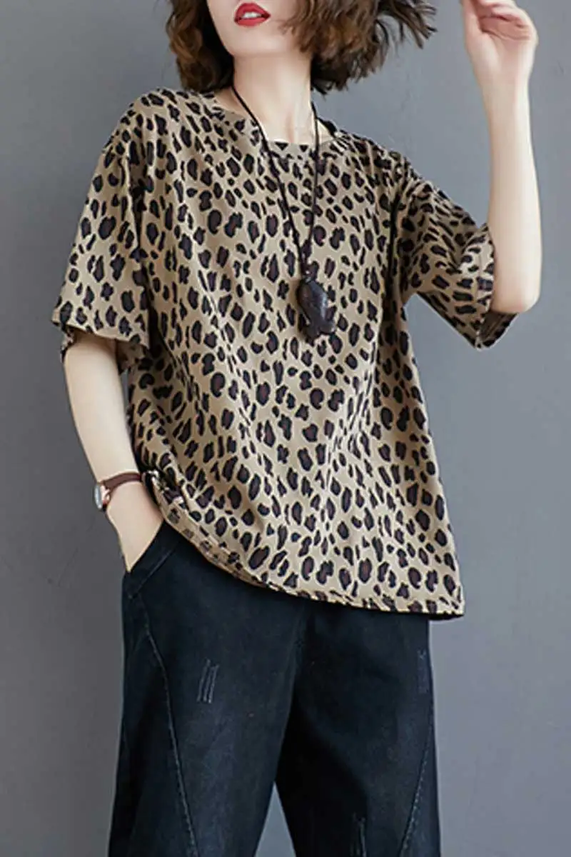 

T-shirt women Printing Leopard printO-neck Casual fiteing Short sleeves Tee DM001