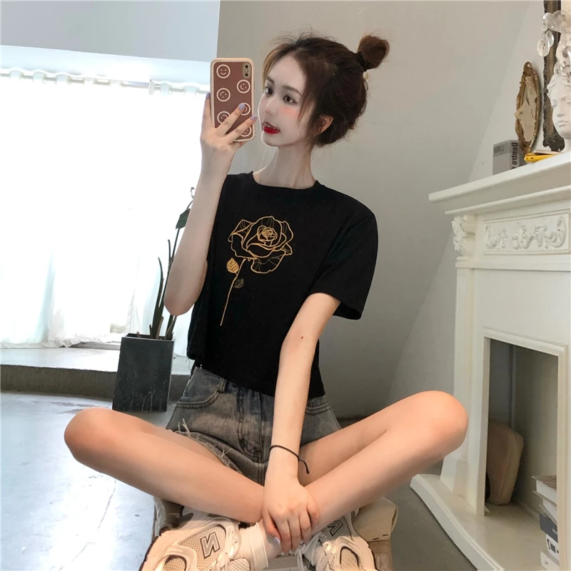 

2426 Summer new fashion French age-reducing niche personality printing short wild short-sleeved T-shirt