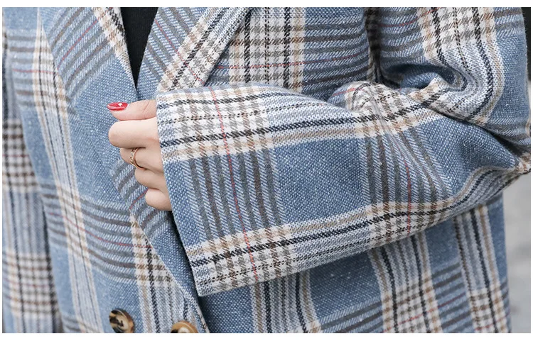 Синяя Клетчатая верхняя одежда длинное пальто с карманами в консервативном