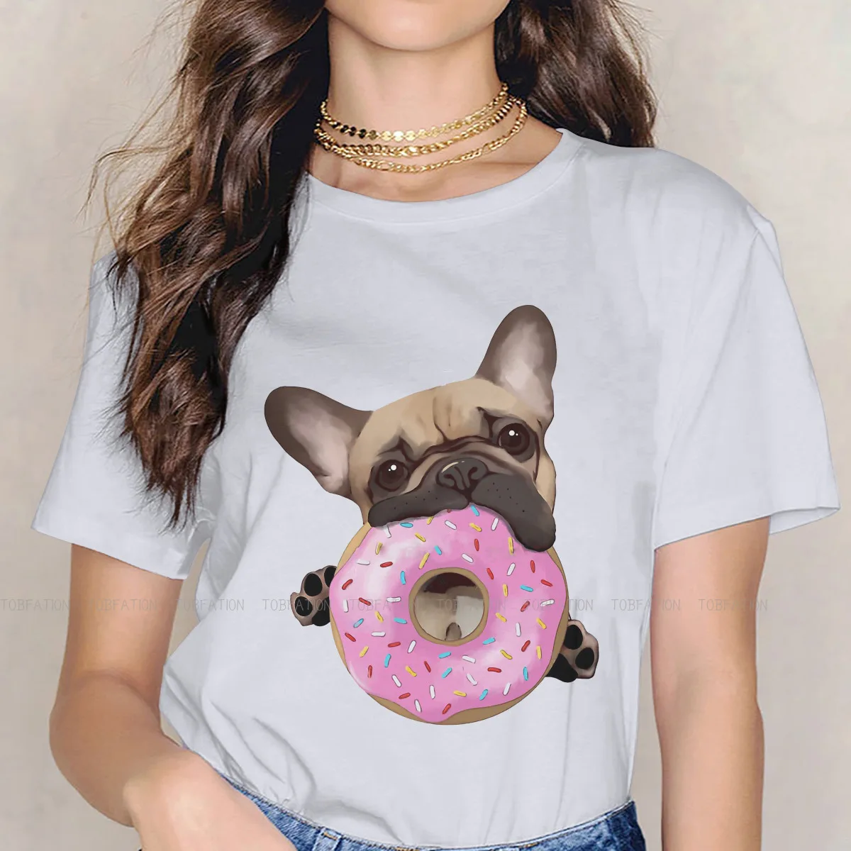 Lovers Sweet Pink Donuts Women Tshirts French Bulldog Frenchie Dog Gothic Vintage Female Clothing Cotton Graphic Streetwear