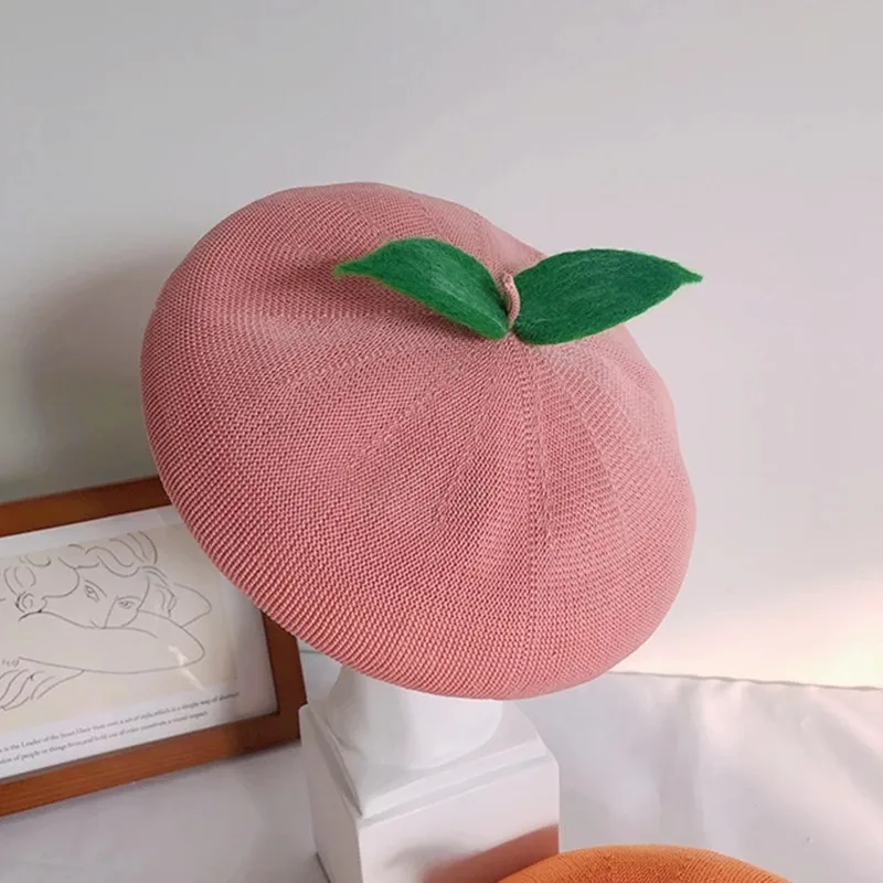 Spring summer women beret hat handmade cute fruit orange painter hat girl thin section breathable peach beanie gift female