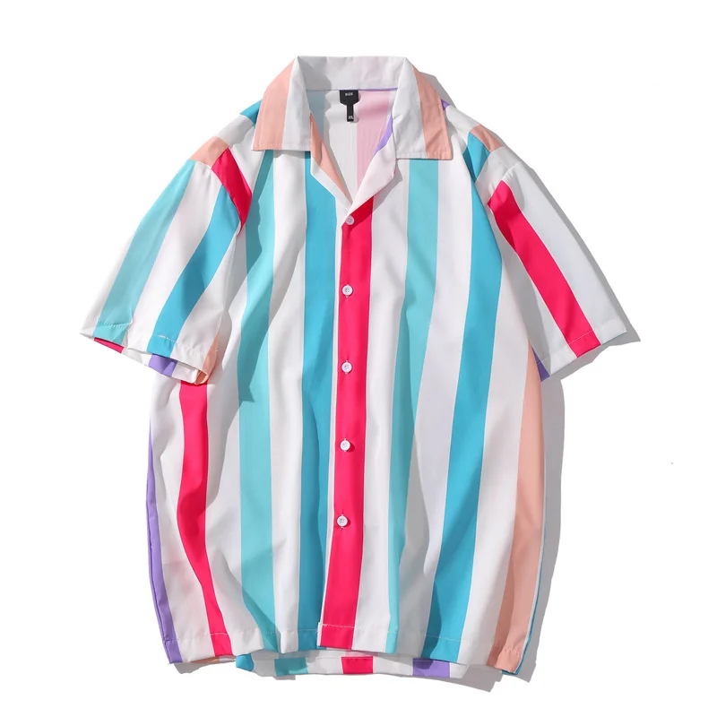 

Stripe Blouses Patchwork Vintage Shirt New Summer Men Women Hawaiian Short Sleeve Shirt Casual Print Beach Shirts Oversized Top