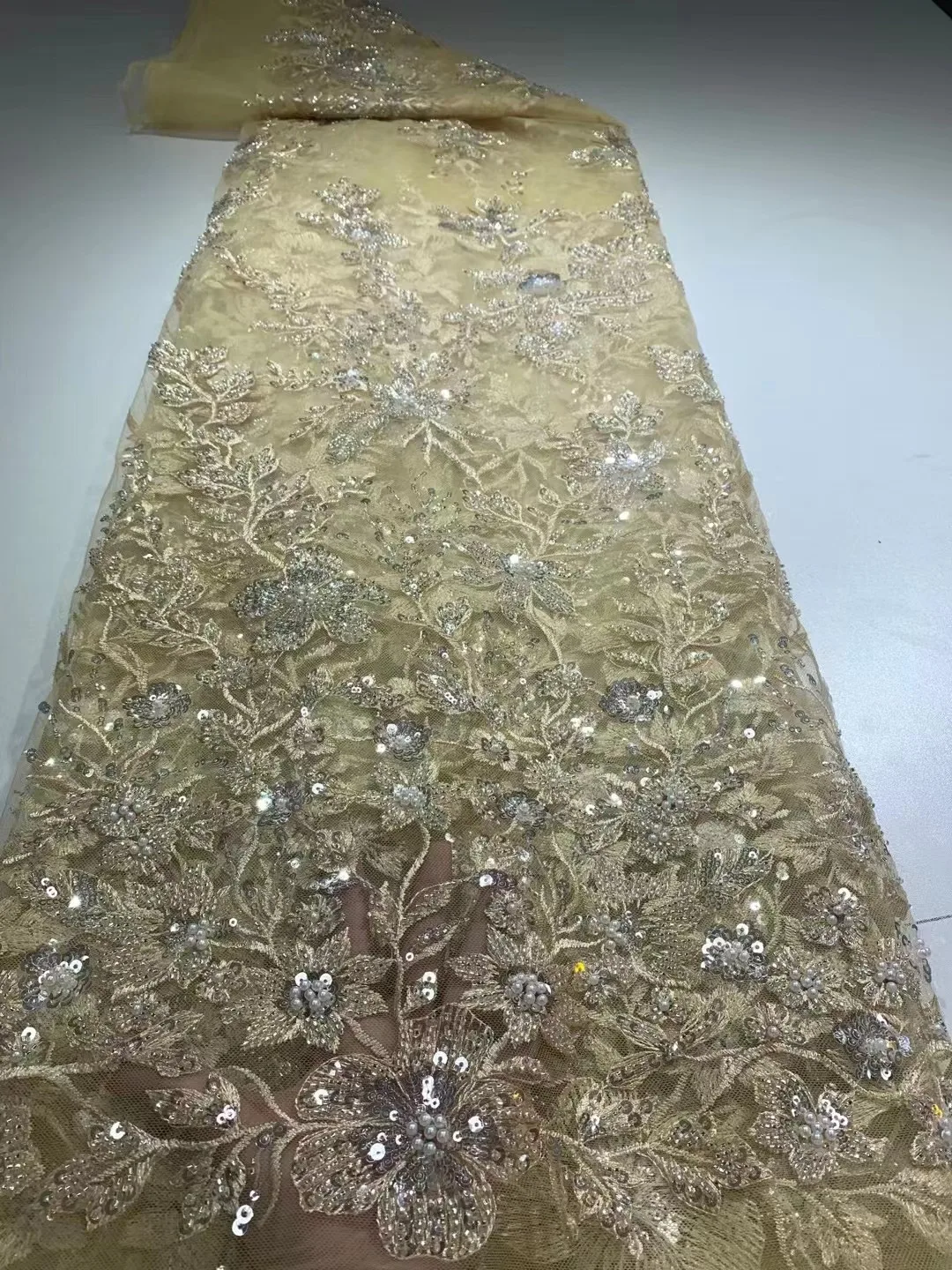 

Handmade Beaded Lace African Tulle Lace Fabric 2021 gold High Quality Nigerian sequines Lace Fabrics For Women Party Dress Sew
