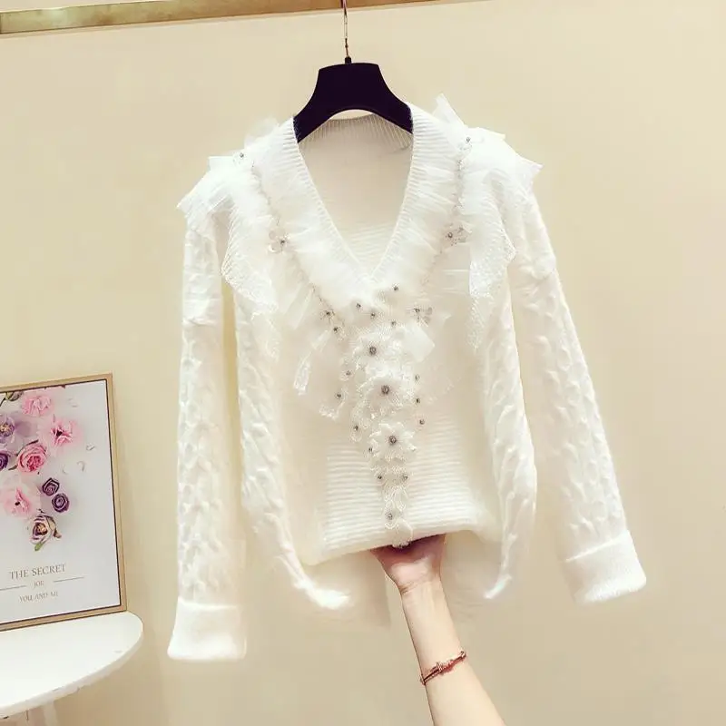 

Autumn Winter 3D Flowers Ruffled V-neck Beaded Sweaters Mesh Pleated Twist Crocheted Pullovers Lace Stitching Wool Crop Tops