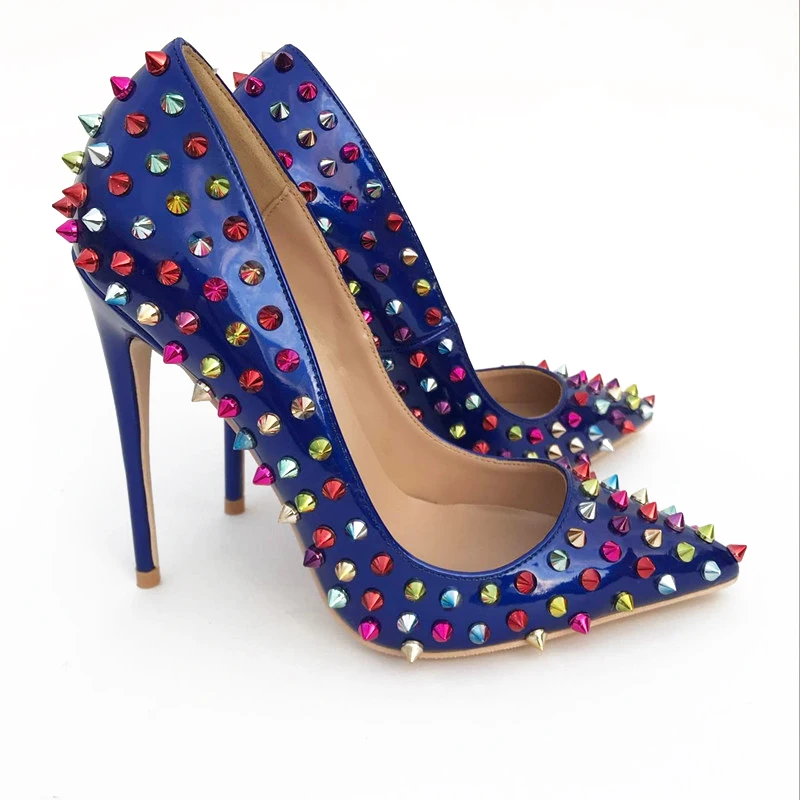 

Fashion free shipping blue Patent Leather spikes Poined Toes Stiletto Heel high heel shoe pump HIGH-HEELED SHOES dress shoe