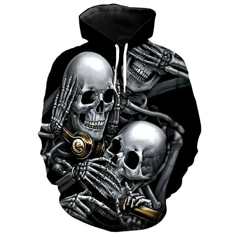 Вечерние толстовки с капюшоном и 3D принтом в виде черепа Модный пуловер Прямая