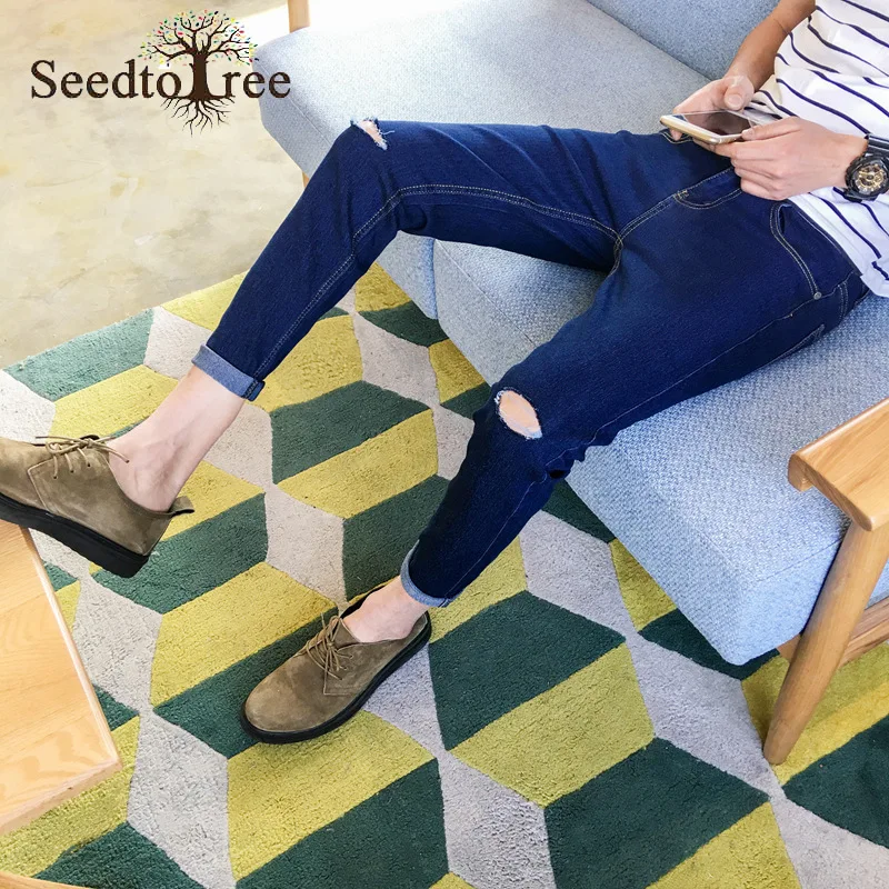 Solid Color Hole Casual Men's Jeans Small Feet Slim Men's Denim Trousers Ankle Length Pants