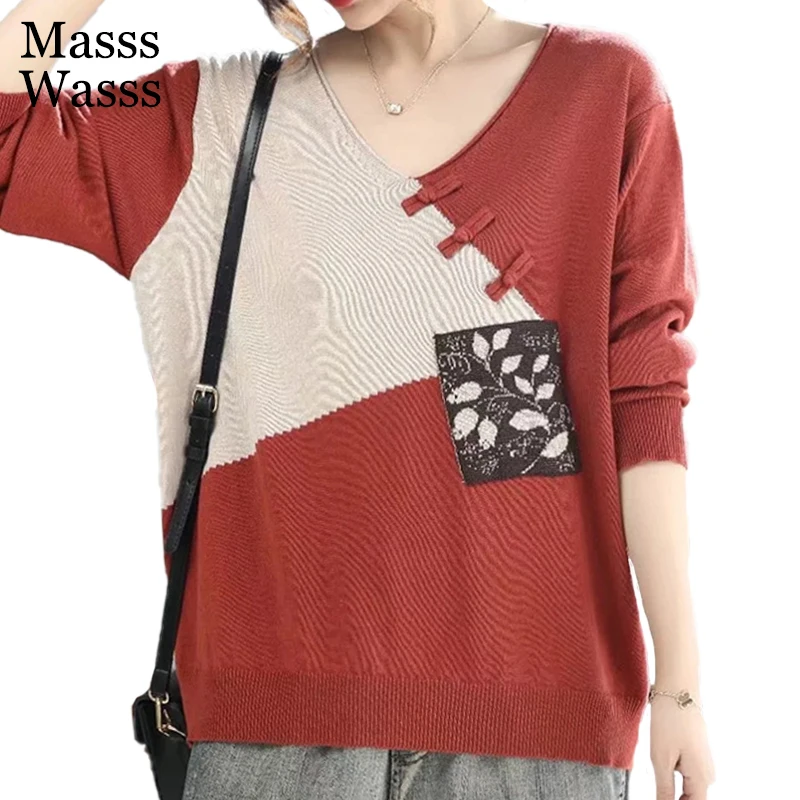 

Женский винтажный свободный свитер Masss Wasss, Элегантный Повседневный пуловер в британском стиле с V-образным вырезом и пуговицами, осень 2021