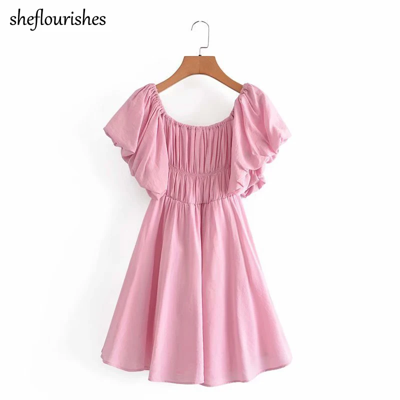 

Summer kawaii dress women short sleeve dresses solid mini dress vintage party dresses ruched vestidos ball gown dress women