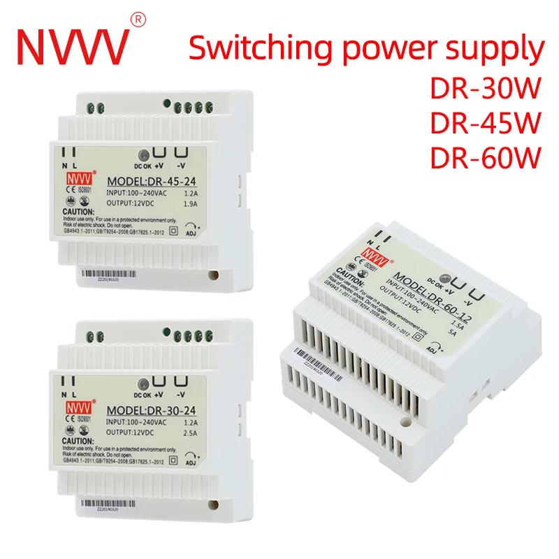 NVVV 30W 45W 60W Single Output 5V 12V 15V 24V Industrial Din Rail Power Supply Switch DR-15 DR-30 DR-45 DR-60 -5/12/15/24