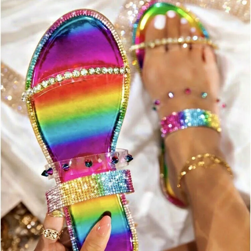 

Women Rhinestone Flat Slipper Fashion Sandals Bling Colorful Rainbow Design Shoes New Beach Sandal Ladies Slides Size 35-43