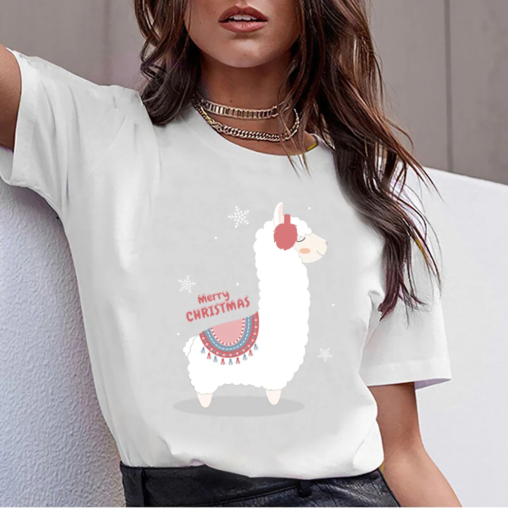 Топы Футболка Для женщин Счастливого Рождества ламы Kawaii надписи принт Женская