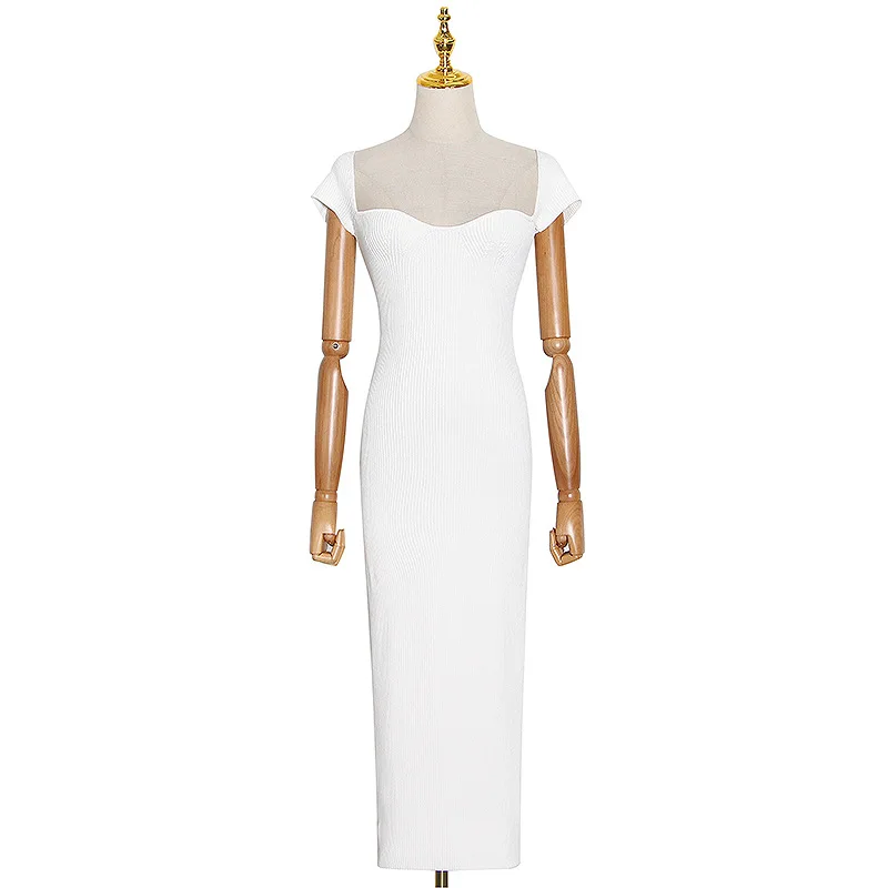 

2020 Autumn New European and American Style Fashion Sexy Square Collar Short Sleeve Slim Knit Long Dress Women Knitted Dress