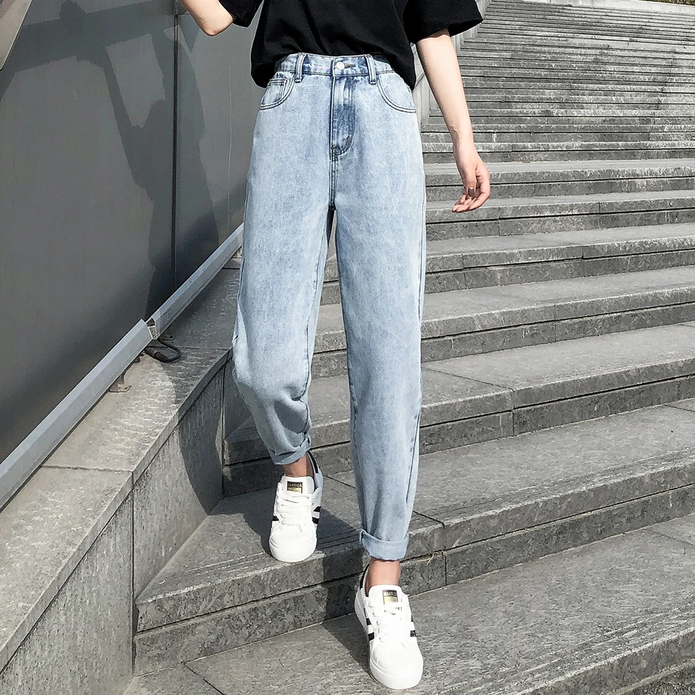 

Boyfriend Jeans 2021 High Waist Jeans Woman Plus Size Street Style Elastic Waist Denim Pants Cotton Loose Coated Vintage Washed