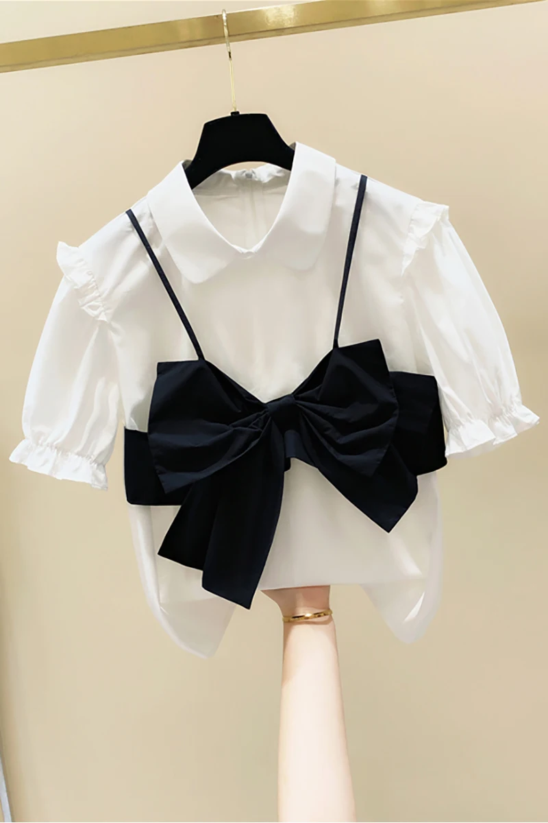 Женская рубашка контрастного цвета с бантом и оборками летние блузки топы в