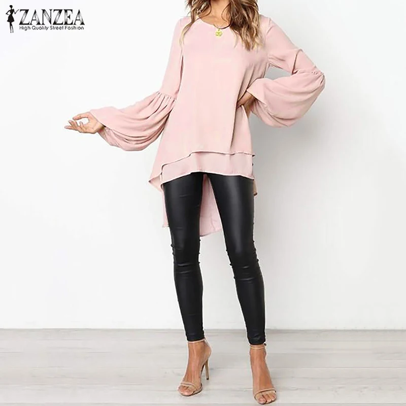 A Solid Pink Модная женская Асимметричная блузка, ZANZEA, элегантные топы с пышными рукавами, многослойные блузки, женские Однотонные блузки размера плюс, топы-туники - Цвет: A Solid Pink