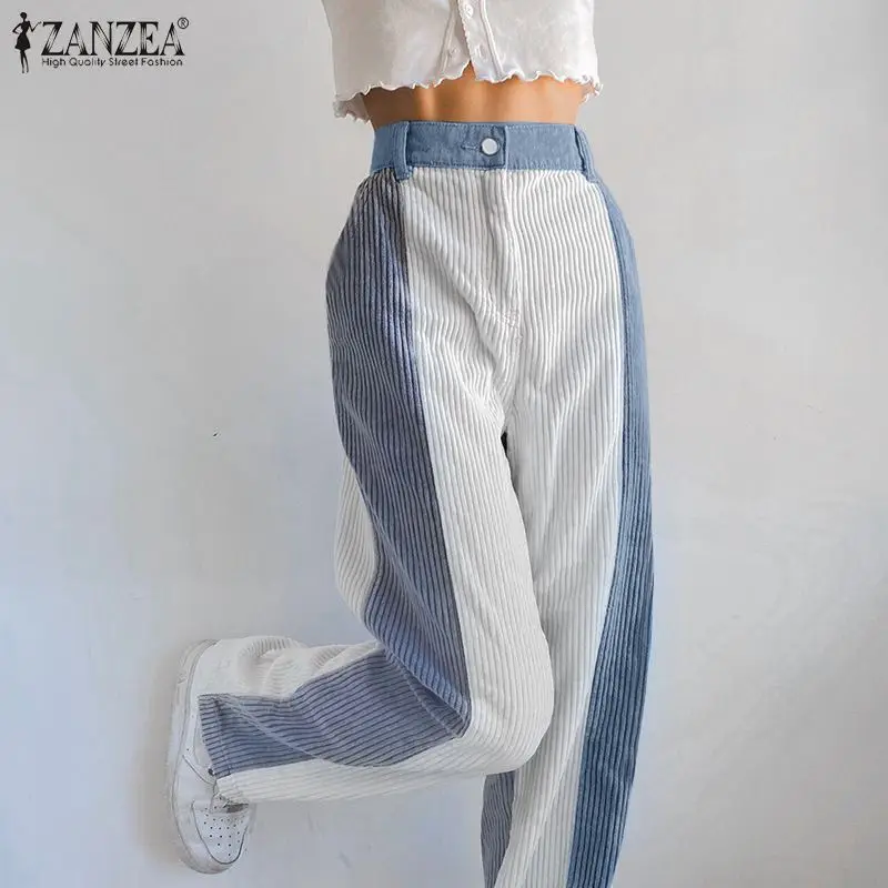 

2022 Autumn ZANZEA Women's Corduroy Patchwork Pants Spring Loose Y2k Female OL Pantalons Palazzo Oversized Casual Solid Trousers