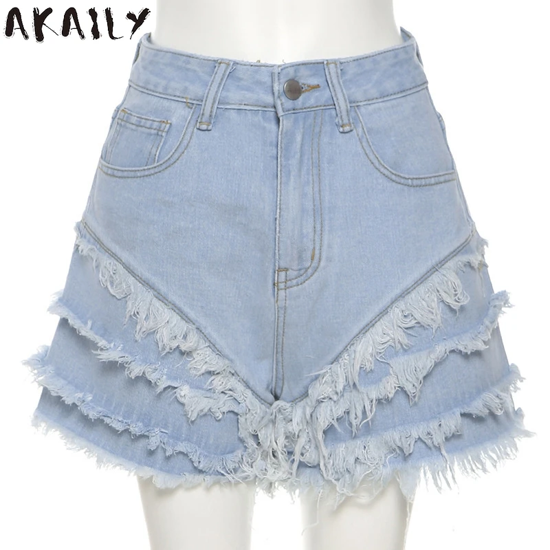 

Akaily Summer Streetwear Loose Denim Shorts Women Fashion High Waist Zipper Ripped Female Denim Trousers Tassel Jean Shorts 2021
