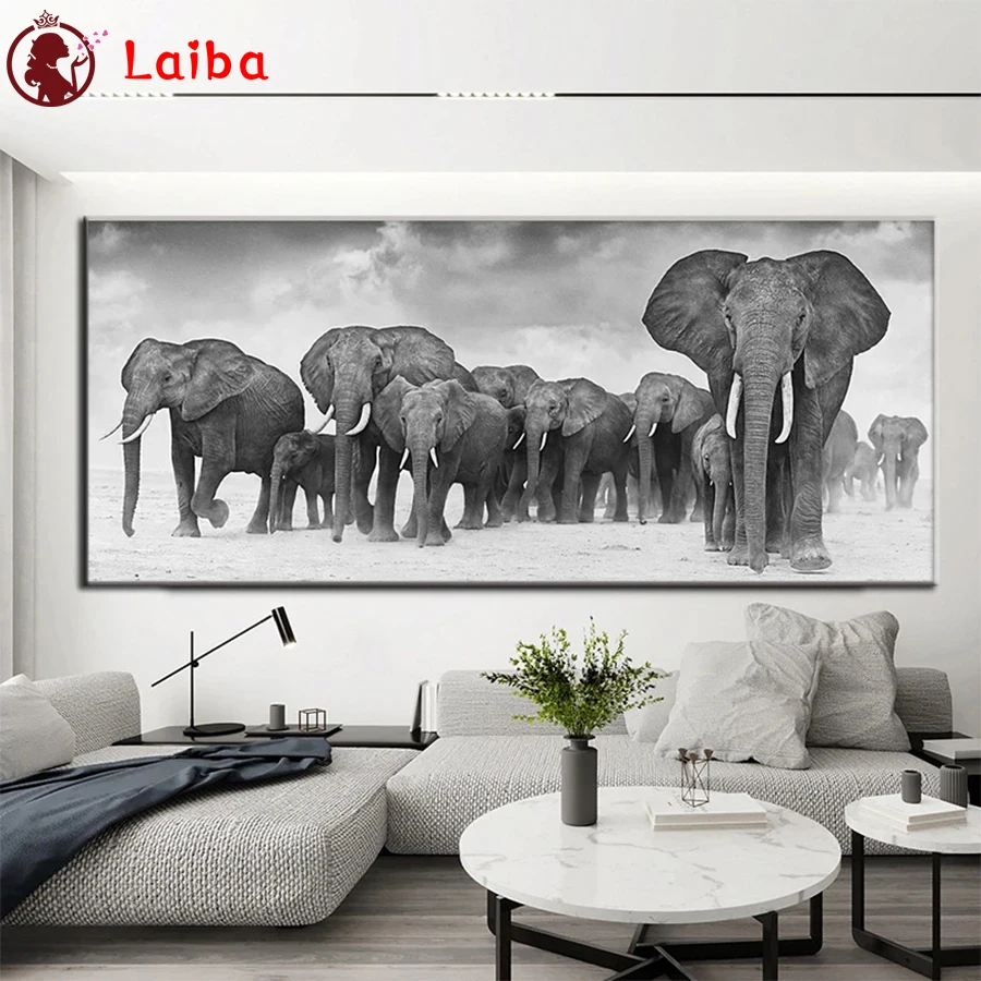 

Diamond Mosaic Black and white animal art, elephant herd Picture Diamond Painting Cross Stitch Embroidery Needlework Wall Art