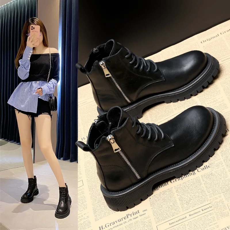 

Martin Boot Female 2021 New Autumn Shoes British Style Thick-soled Short Side Zipper Leather Chelsea Ankle Boots Goth Platform