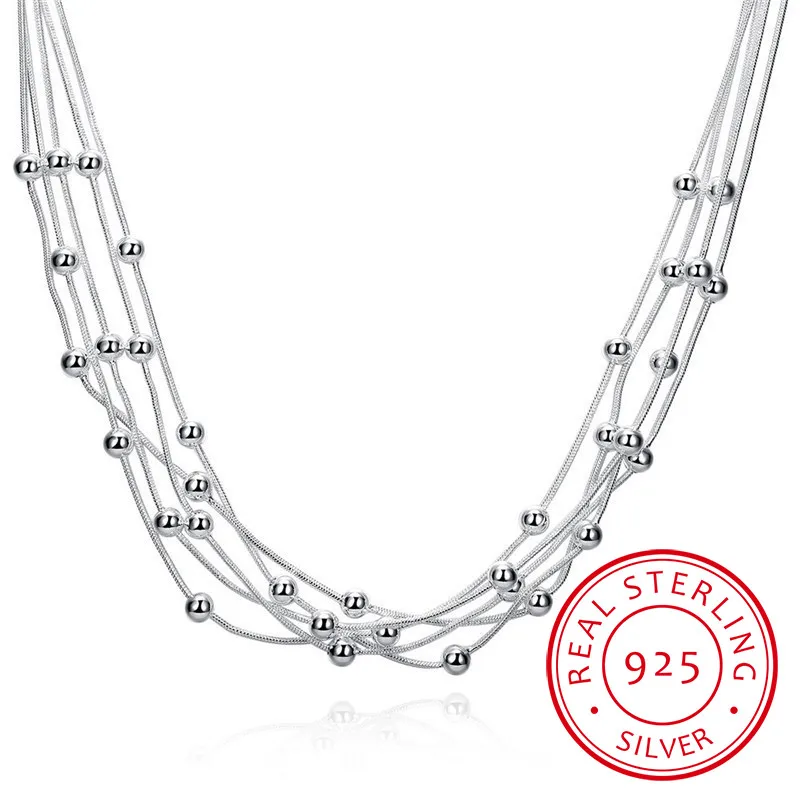 

LEKANI женское ювелирное изделие, 925 пробы, серебро, 18 дюймов, пять линий, бусины, цепочка под змеиную кожу, шармы, многослойные ожерелья, ожерель...