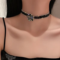fashion black crystal rose flower choker necklace for women full cz vintage short clavicle chain sexy jewelry accessories gifts