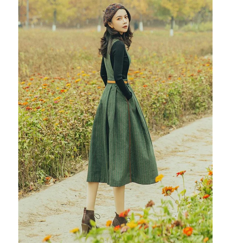 

Women Fall Winter Vintage Sweater Tops Woolen Jumpsuit Dress Suspender Strap Fashion Elegant French Style Teens Student Party