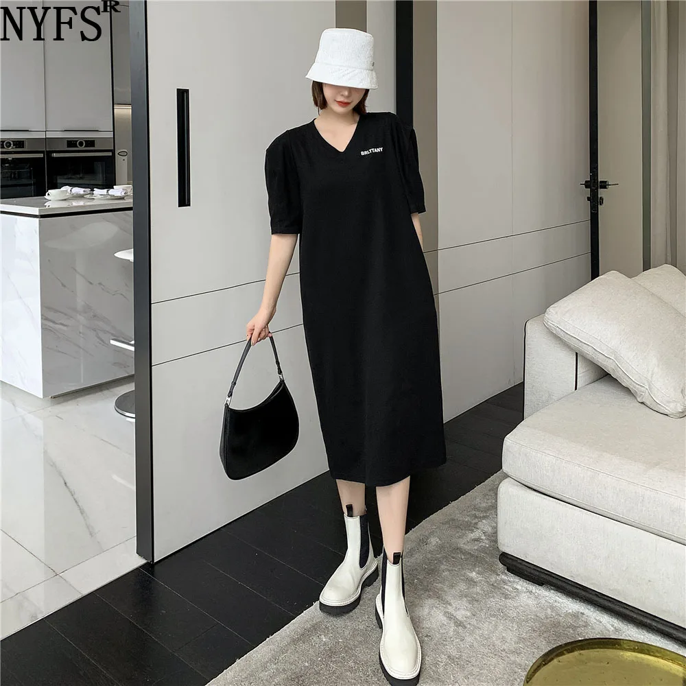 

NYFS Summer Dress 2021 Korean New Loose solid Woman Dress Vestidos Robe Elbise Fashion Cotton Puff sleeve Dresses