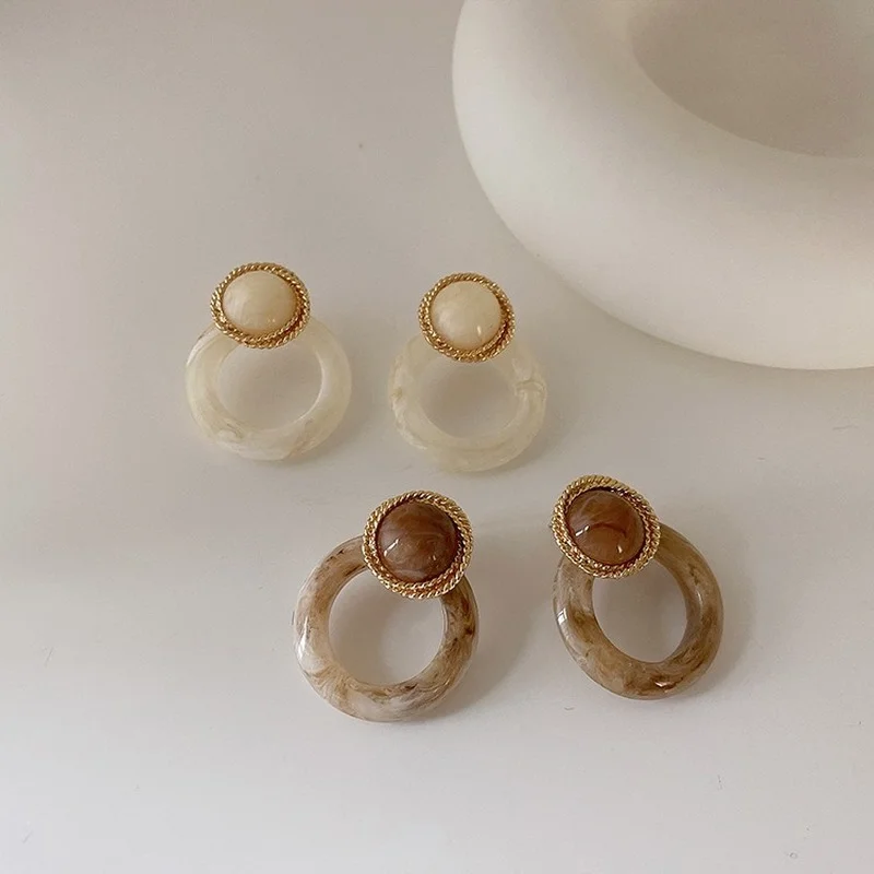 

French Style Retro Round Resin Drop Earrings Simple Fashion Marble Texture Women Girl Accessories Gift Aesthetic Jewelry