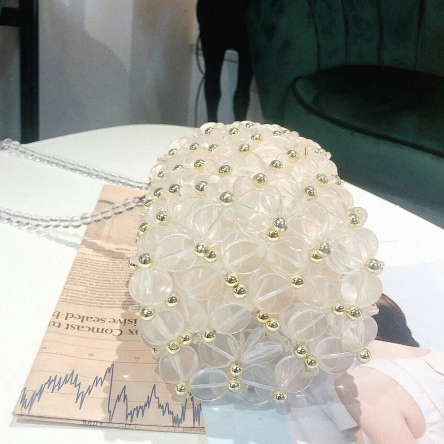 

Clear Crystal Bucket Bag Women Summer Handmade Hollow Out Acrylic Pearl Beaded Evening Clutch Shoulder Bag Ladies Dinner Party