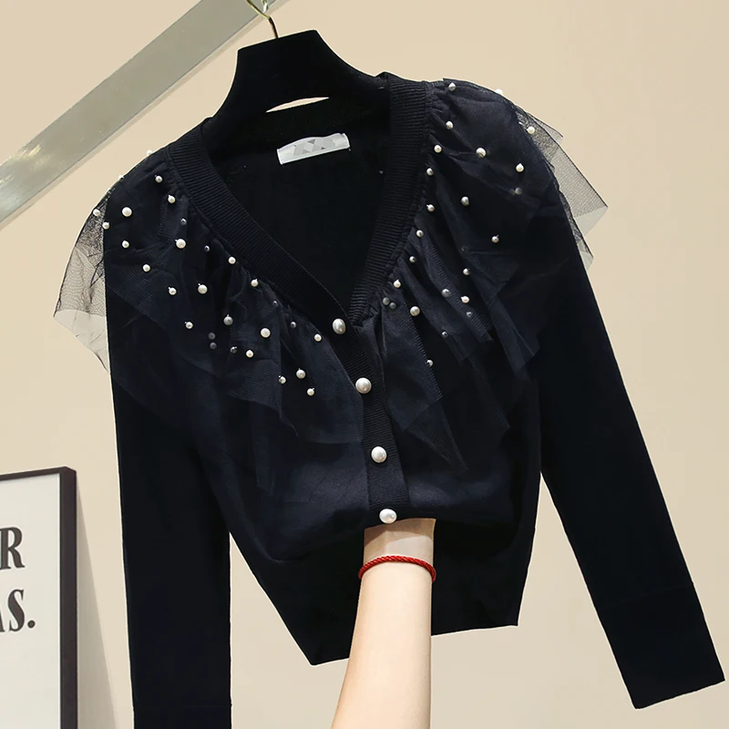 

С v-образным вырезом, с сеткой в стиле пэчворк Бисер трикотажные свитеры для женщин 2020 Новинка весны осени кардиганы; верхняя одежда с длинны...