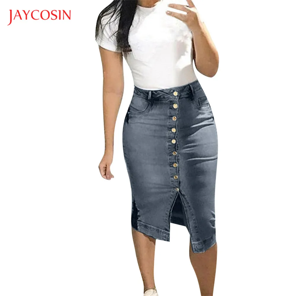 Женская джинсовая юбка длиной до колен с разрезом спереди | одежда