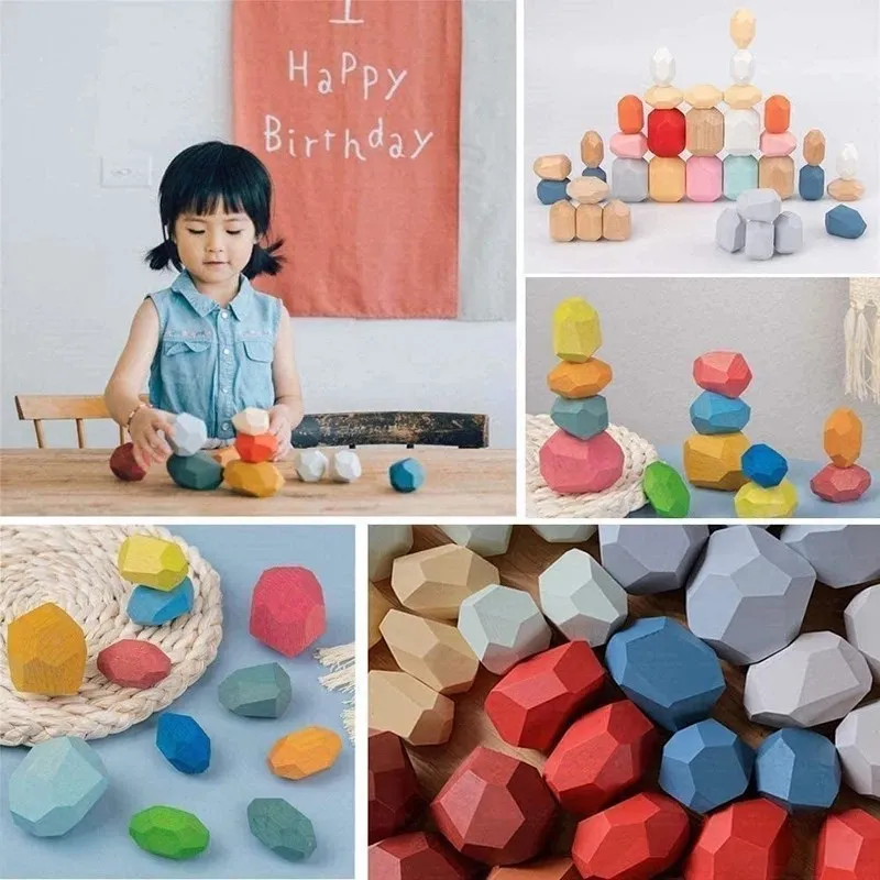 Wooden Rainbow Stones Building Blocks Colorful Wood Toy Block Stacker Balancing Games Montessori Educational Toys for Children | Игрушки и
