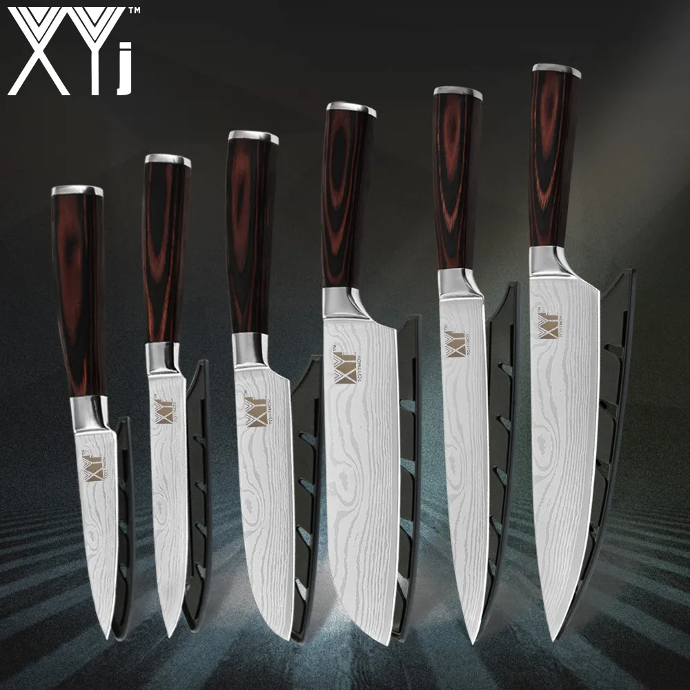 

Набор поварских ножей XYj из 6 предметов, кухонные инструменты из нержавеющей стали с лазерным Дамасским узором, для нарезания, для резки овощ...
