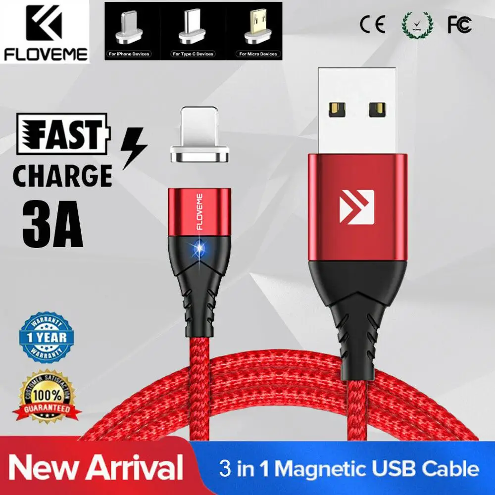 FLOVEME Магнитный кабель Micro usb type C для iPhone освещения 1 м 3A провод быстрого заряда
