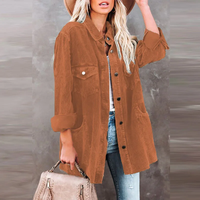 

Fashion Solid Loose Ribber Outwear Women Autumn Single Breasted Pocket Corduroy Coats Retro Long Sleeve Turn-down Collar Jackets