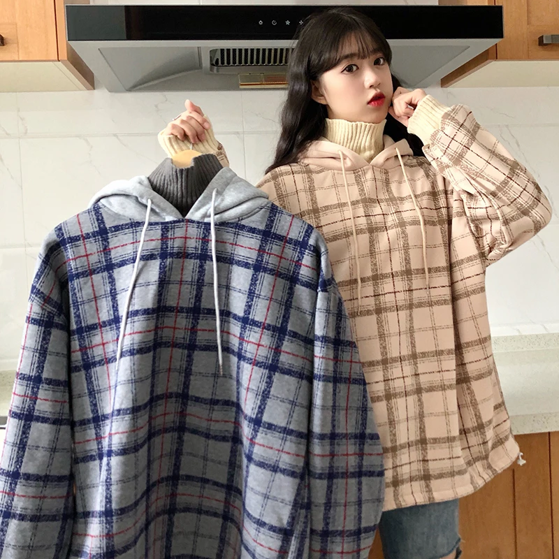 Harajuku флисовые кофты Женские клетчатые водолазки толстовки женские с длинным рукавом Повседневные Большие размеры пуловер с капюшоном одежда толстовка