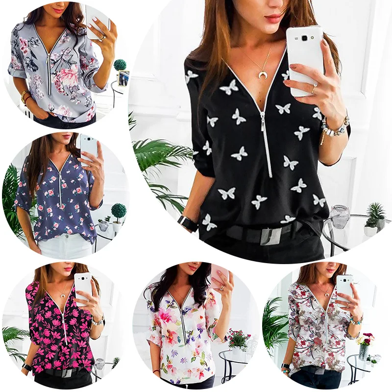Новинка модная женская блуза с v-образным вырезом на молнии принтом рубашки для