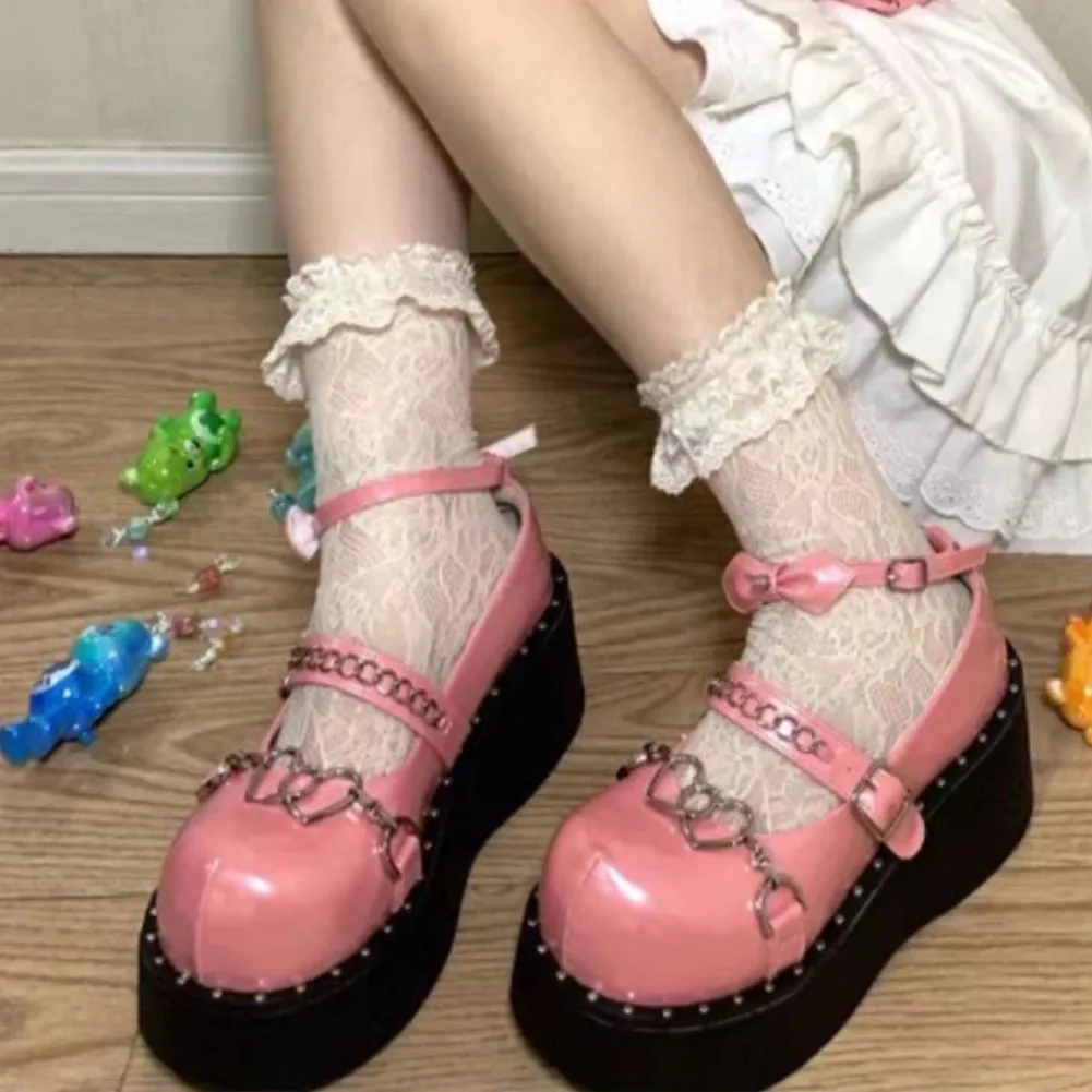 

2021 on sale lolita cosplay heart buckle platform wedges bowknot marry janes pumps 2021 trendy JK metal chain women's pumps