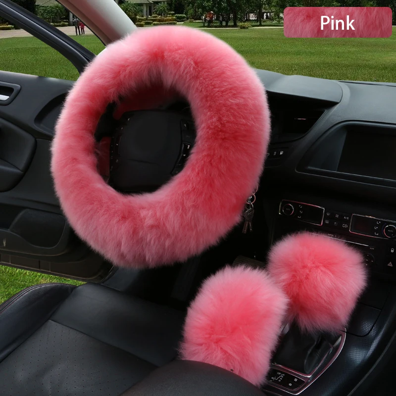 Pink 3 шт. автомобиль из искусственной шерсти руль Зимний теплый плюшевый чехол крышка авто руль чехлы протектор Декор Аксессуары - Название цвета: Pink
