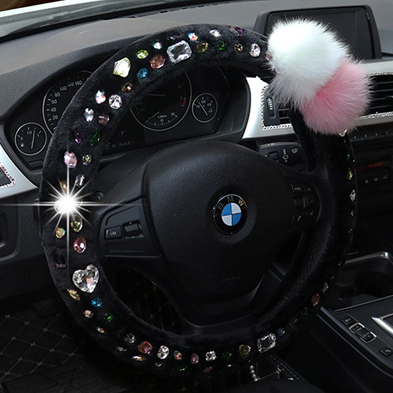 Мягкие теплые плюшевые чехлы на рулевое колесо для автомобиля зимние Стразы