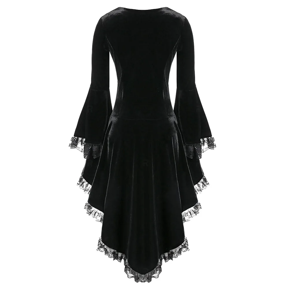 

Women Retro Dress Square Collar Trumpet Sleeve Lace Patchwork Irregular Hem Dresses Gothic Women Vintage Party Club Vestido