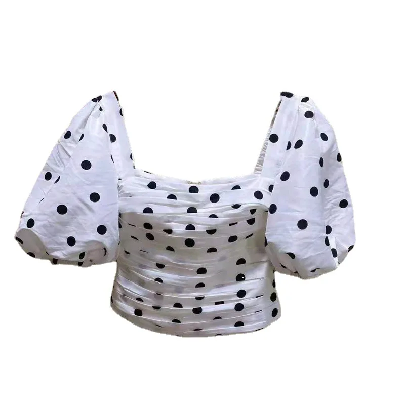 

Women Shirt 2021 Early Fall Taffeta Puffed Sleeves with Ruffled Square Neck and Short Polka-dot Style Top